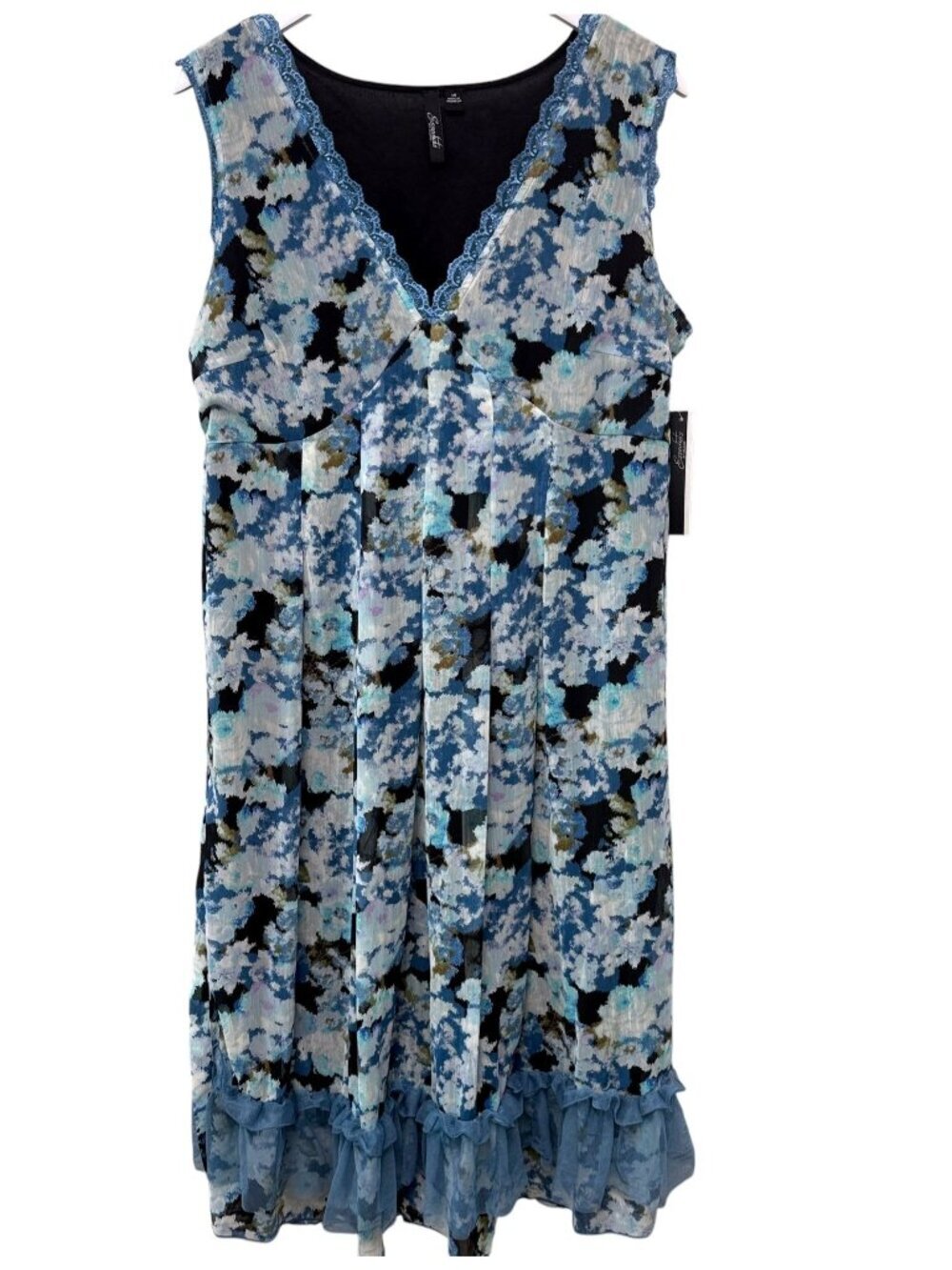 Essentials By Milano Midi Dress Size 14 Blue Floral Chiffon Ruffle Cottagecore N